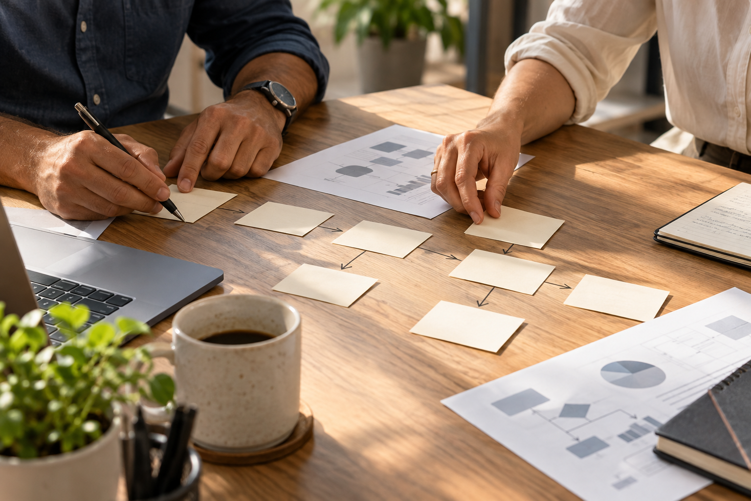 Cena ilustrativa de análise e organização de processos sobre uma mesa de trabalho